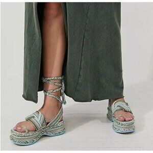 Anthropologie Amambaih Manuela Mosaic Green Blue Wedge Wrap Sandals EU 37 US 6.5